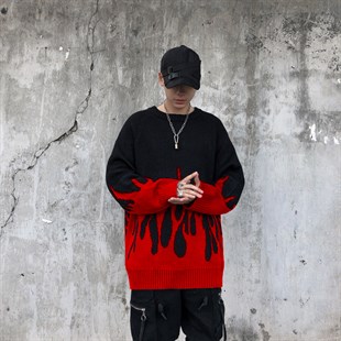 Kırmızı Flame Siyah Unisex Oversize Kazak