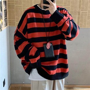 Kırmızı Siyah Çizgili Streetwear Oversize Kazak-Standart-Kırmızı-Siyah