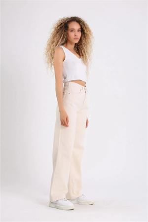 Krem Bol Paça Jean Palazzo Wide Leg Kot Pantolon
