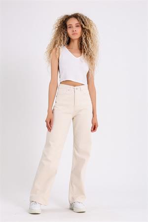 Krem Bol Paça Jean Palazzo Wide Leg Kot Pantolon