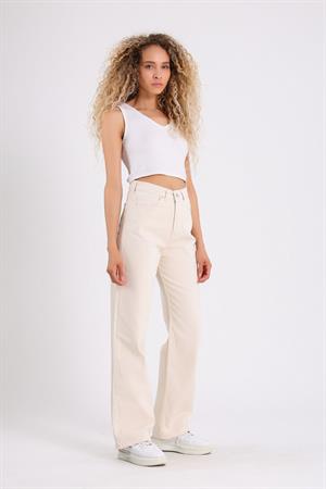 Krem Bol Paça Jean Palazzo Wide Leg Kot Pantolon