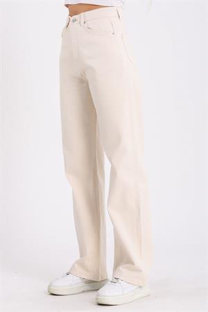 Krem Bol Paça Jean Palazzo Wide Leg Kot Pantolon