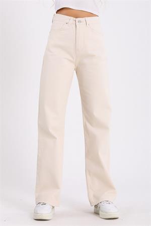 Krem Bol Paça Jean Palazzo Wide Leg Kot Pantolon