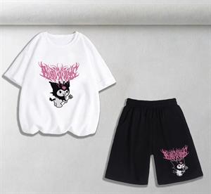 Kuromi Pink Baskılı Unisex Oversize Beyaz T-shirt & Şort İkili Takım