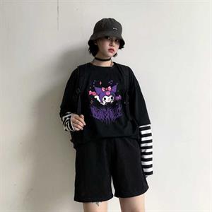 Kuromi Purple Baskılı Fake Sleeves Unisex Siyah T-shirt