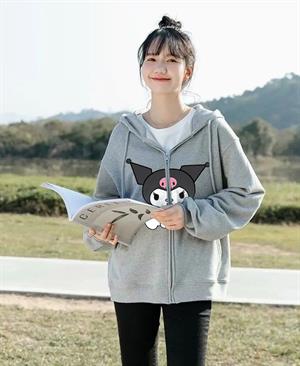 Kuromi Sitting Baskılı Oversize Fermuarlı Gri Unisex Kapüşonlu Hırka