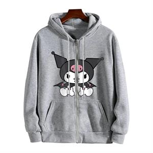 Kuromi Sitting Baskılı Oversize Fermuarlı Gri Unisex Kapüşonlu Hırka