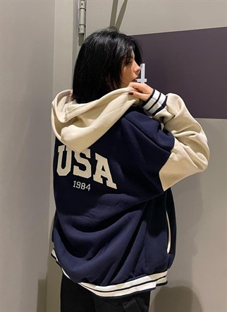 Lacivert Kapşonlu USA Unisex Oversize Kolej Ceket