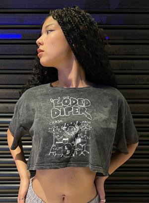 Löded Diper Baskılı Vintage Yıkamalı Oversize Crop
