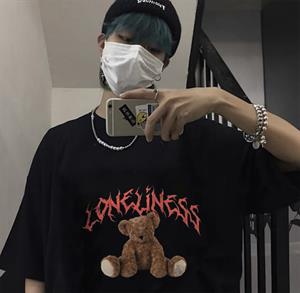 Loneliness Bear Baskılı Siyah Unisex Oversize T-shirt