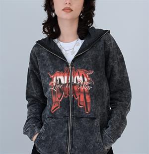 Love Is War Baskılı Vintage Yıkamalı Full Zip Detail Unisex Oversize Kapüşonlu Hırka