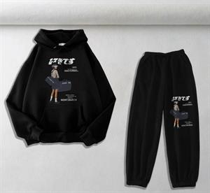 March Iddeverray Baskılı Siyah Oversize Kapüşonlu Sweatshirt & Eşofman Altı Unisex İkili Takım