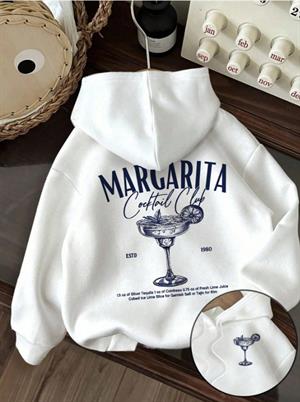 Margarita Baskılı Beyaz Kapşonlu Sweatshirt  Hoodie
