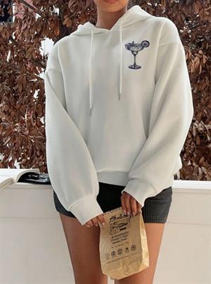 Margarita Baskılı Beyaz Kapşonlu Sweatshirt  Hoodie