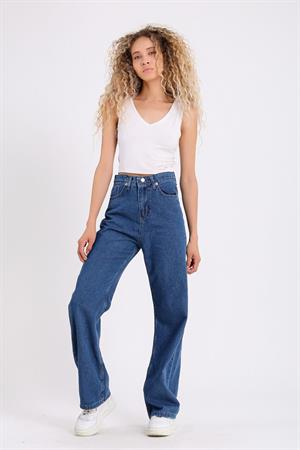Mavi Bol Paça Jean Palazzo Wide Leg Kot Pantolon