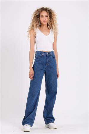 Mavi Bol Paça Jean Palazzo Wide Leg Kot Pantolon