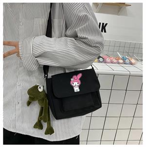 Melody Baskılı Cep Detaylı Unisex Kanvas Siyah Omuz Çantası