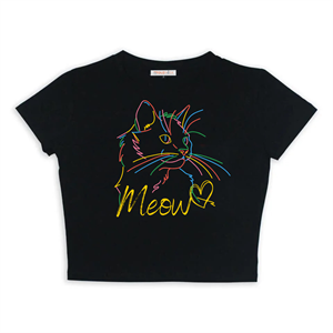 Meow Cat Baskılı Siyah Crop