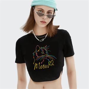 Meow Cat Baskılı Siyah Crop