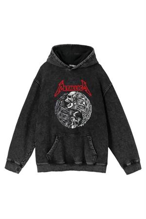 Metallica Baskılı Yıkamalı Vintage Unisex Oversize Kapüşonlu Sweatshirt