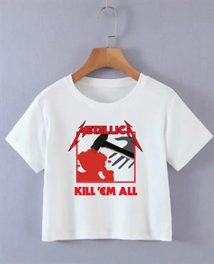 Metallica Kill Em All Baskılı Beyaz Crop