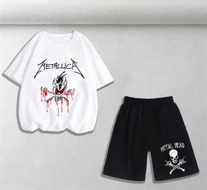 Metallica & Metal Head Baskılı Unisex Oversize Beyaz T-shirt & Şort İkili Takım