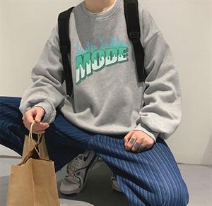 Mode Baskılı Gri Unisex Oversize Bisiklet Yaka Sweatshirt