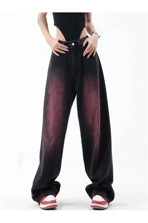 Mor Trendy Degrade Desenli Yıkamalı Baggy Pantolon