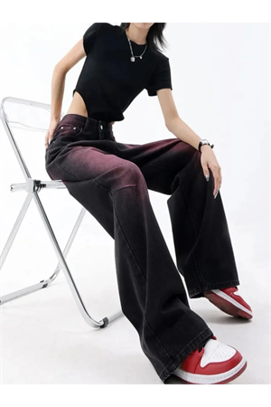 Mor Trendy Degrade Desenli Yıkamalı Baggy Pantolon