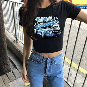Muscle Car Baskılı Siyah Crop