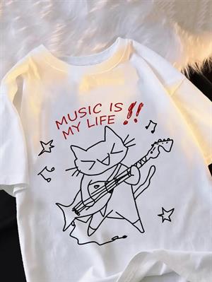 Music is My Life Unisex Beyaz Oversize T-shirt