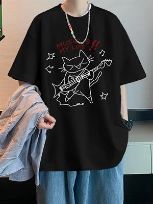 Music is My Life Unisex Siyah Oversize T-shirt