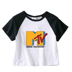 Music Television Baskılı Reglan Kol Beyaz Crop