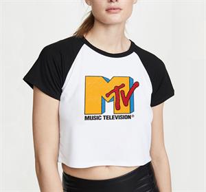 Music Television Baskılı Reglan Kol Beyaz Crop