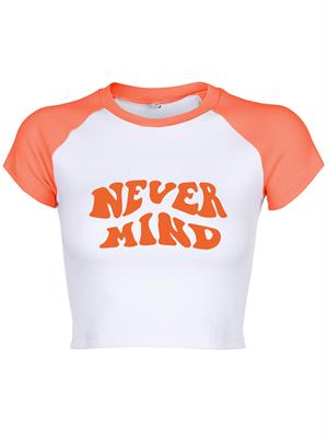 Never Mind Baskılı Reglan Kol Beyaz Crop