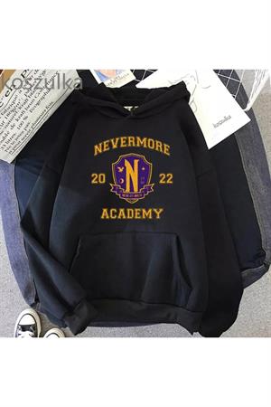 Nevermore Academy Wednesday Siyah Kapüşonlu Oversize Sweatshirt Hoodie