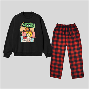 New Year Grinch Face Baskılı Siyah Unisex Oversize Alt Üst 2 Li Takım