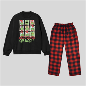 New Year Grinch Kolaj Baskılı Siyah Unisex Oversize Alt Üst 2 Li Takım