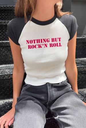 Nothing But Rockn Roll Baskılı Reglan Kol Beyaz Crop