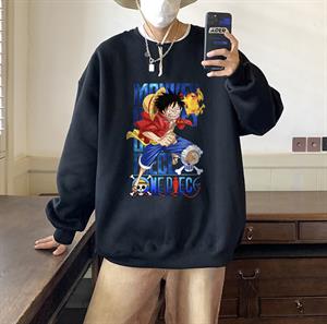 One Piece Running Baskılı Siyah Unisex Oversize Bisiklet Yaka Sweatshirt