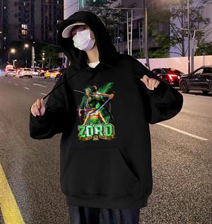 One Piece Zoro Baskılı Siyah Unisex Oversize Kapüşonlu Sweatshirt