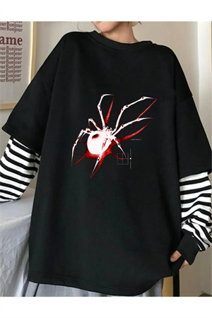 Örümcek Baskılı Unisex Fake Uzun Kollu Siyah T-Shirt