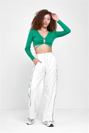 Paraşüt Kumaş Zip Beyaz Eşofman Pantolon