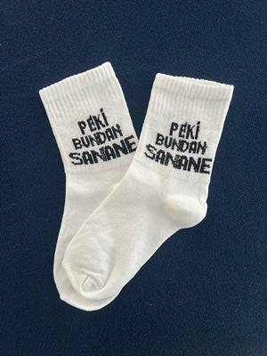 Peki Bundan Sanane Unisex Beyaz Kolej Çorap