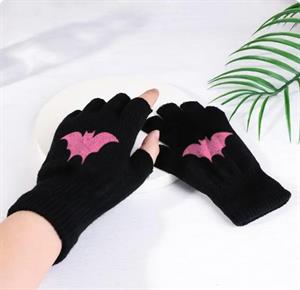 Pink Bat Baskılı Unisex Siyah Kesik Çift Eldiven