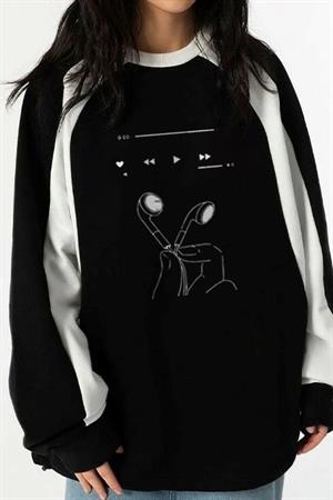 Playlist Headphone Baskılı Line Detail Unisex Oversize Bisiklet Yaka Siyah Sweatshirt