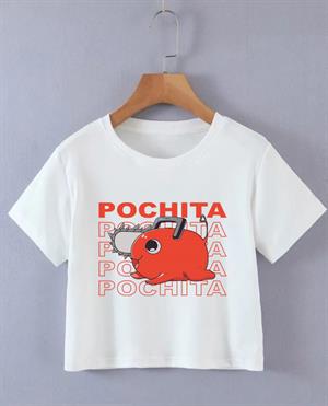 Pochita Baskılı Beyaz Crop