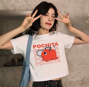 Pochita Baskılı Beyaz Crop