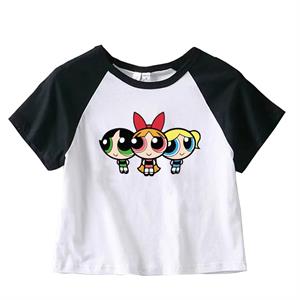 Powerpuff Girls Baskılı Reglan Kol Beyaz Crop