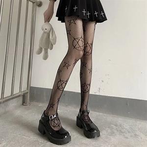 Punk Gothic Pentagram Desenli Ithal Fileli Külotlu Çorap